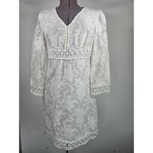Micheal Kors White Embroidered Lace Detail Midi Dress Size Medium